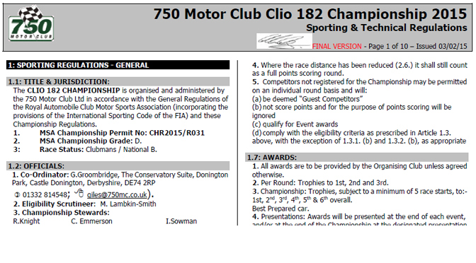 2015 Clio 182 Championship Regulations Approved